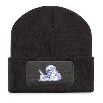 Schreibender Senior mit Federzeichnung - Recycelte Patch Beanie - Dunkelgrau - Vorne