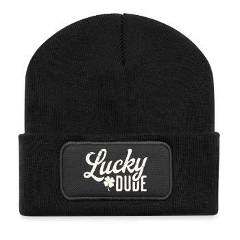 Glücklicher Typ mit vierblättrigem Kleeblatt-Design - Recycelte Patch Beanie - Schwarz - Vorne