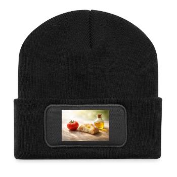 Tomate. Brot. Öl. - Recycelte Patch Beanie - Schwarz - Vorne