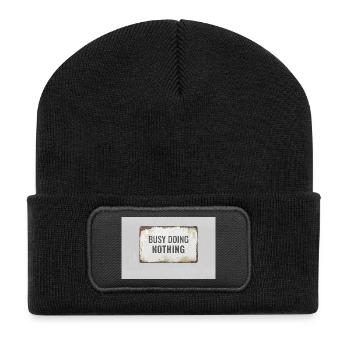 Busy Doing Nothing – Ironisches Statement Poster - Recycelte Patch Beanie - Schwarz - Vorne