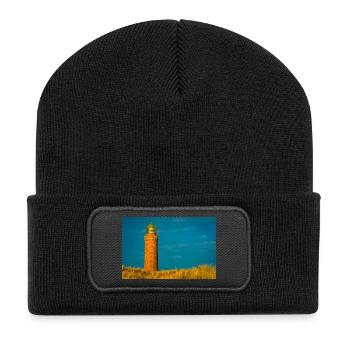 Leuchtturm im Sonnenuntergang - Recycelte Patch Beanie - Schwarz - Vorne
