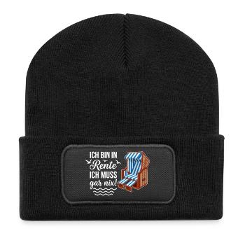 Ich bin in Rente ich muss gar nix mit Strandkorb  - Recycelte Patch Beanie - Schwarz - Vorne