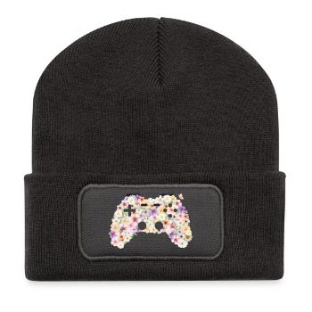 Floral Gamepad: Blütenkunst Controller - Recycelte Patch Beanie - Dunkelgrau - Vorne
