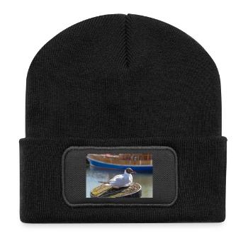 Affiche de mouette dans le port de Büsum, Allemagne - Beanie recyclé à patch - noir - Devant