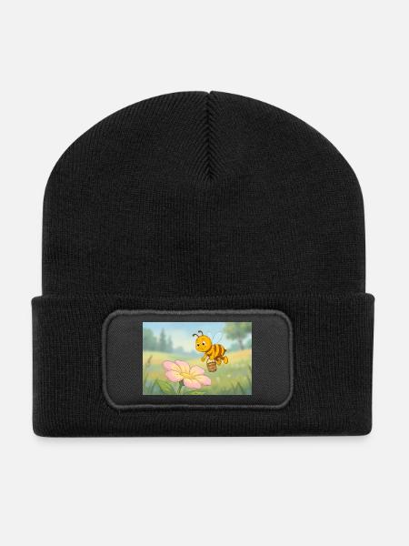 Eine süße Biene mit Honig an der Blume - Recycelte Patch Beanie - Schwarz