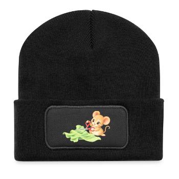 Maus - Niedliches Mäuschen schneidet Stoff - Recycelte Patch Beanie - Schwarz - Vorne