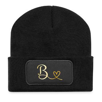 B goldenes Monogramm mit Herz - Recycelte Patch Beanie - Schwarz - Vorne