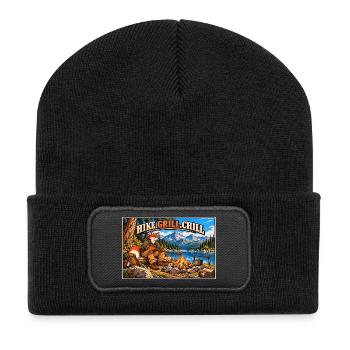 Wandern, grillen, entspannen – Campfire Fox - Recycelte Patch Beanie - Schwarz - Vorne