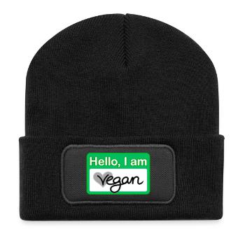 Hello, I am vegan Namensschild - Recycelte Patch Beanie - Schwarz - Vorne