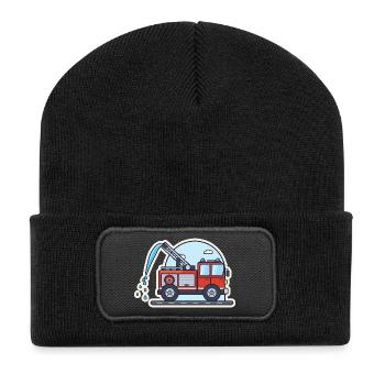 Feuerwehrauto mit Drehleiter und Wasserstrahl - Recycelte Patch Beanie - Schwarz - Vorne