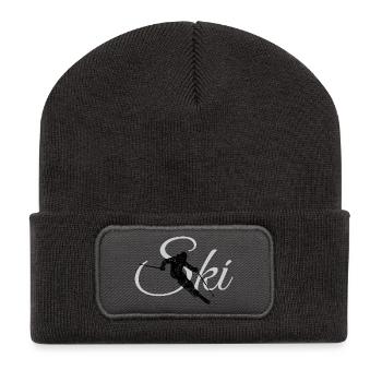 Ski (Vintage Schwarz/Grau) Skifahren, Skifahrer - Recycelte Patch Beanie - Dunkelgrau - Vorne