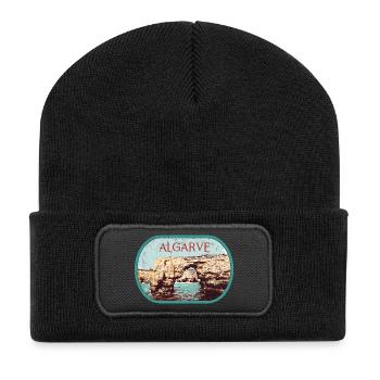 Retro-Abzeichen, Algarve Portugal, Strand Sommersonne - Recycelte Patch Beanie - Schwarz - Vorne