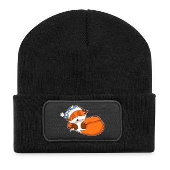 Fuchs Schlafen Nachtmütze - Recycelte Patch Beanie - Schwarz - Vorne