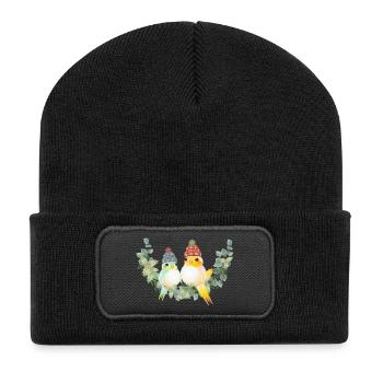 Deux oiseaux colorés avec un chapeau à pompon pour Noël - Beanie recyclé à patch - noir - Devant