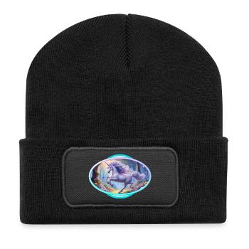 Zartes Einhorn im Magischen Wald - Recycelte Patch Beanie - Schwarz - Vorne