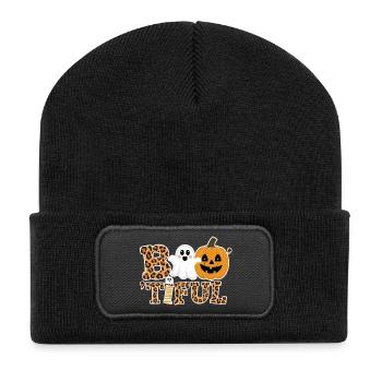 Leopard Halloween Boo Kollektion - Recycelte Patch Beanie - Schwarz - Vorne