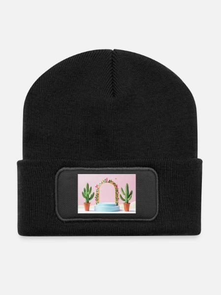 Pastellbogen-Blumenrahmen und Kakteen - Recycelte Patch Beanie - Schwarz