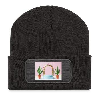 Pastel Arch Floral Frame and Cacti - Recycled Patch Beanie - dark grey - Front