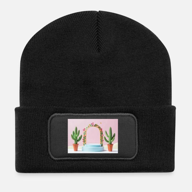 Pastellbogen-Blumenrahmen und Kakteen - Recycelte Patch Beanie - Schwarz