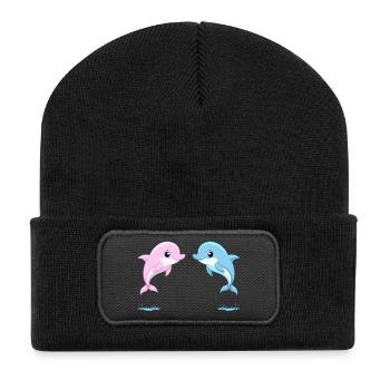 Zwei Baby-Zwillinge blauer und rosa Delfine, springend - Recycelte Patch Beanie - Schwarz - Vorne