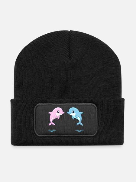Zwei Baby-Zwillinge blauer und rosa Delfine, springend - Recycelte Patch Beanie - Schwarz