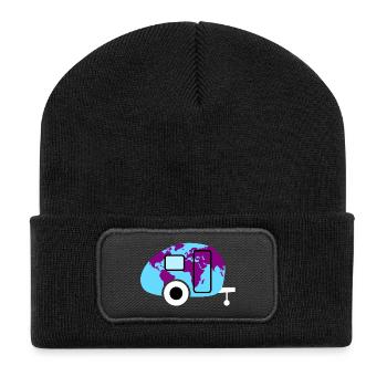 Caravan Weltkarte Wohnwagen Camping Weltenbummler - Recycelte Patch Beanie - Schwarz - Vorne