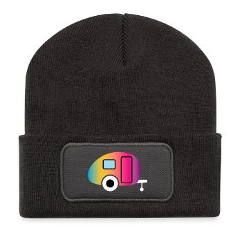 Caravan Wohnwagen Farbverlauf Camping Camper Fan - Recycelte Patch Beanie - Dunkelgrau - Vorne