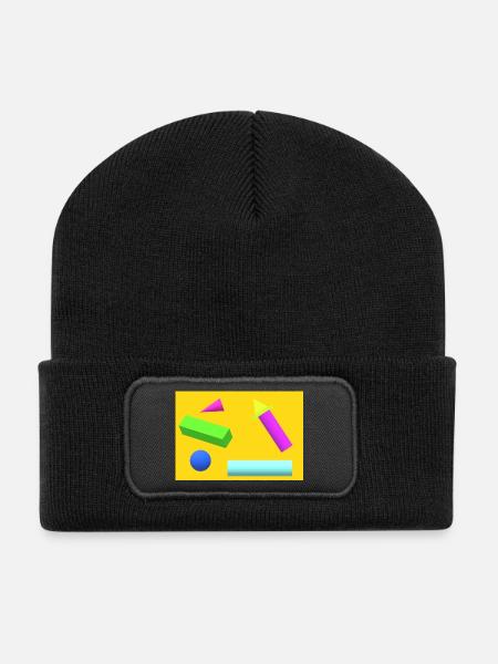 Vibrant Geometric Abstract Print - Recycled Patch Beanie - black