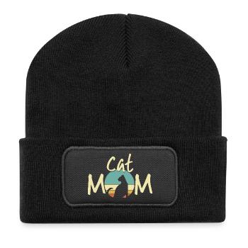Cat Mom Sunset Illustration - Kitten Lover Gift - Recycled Patch Beanie - black - Front