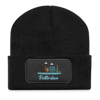 Stadtsilhouette von Rotterdam im Dockland-Stil - Recycelte Patch Beanie - Schwarz - Vorne