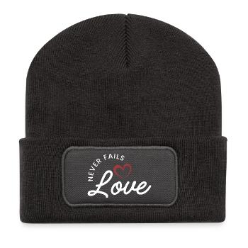 ❤️L’amour ne manque jamais - 1 Corinthiens 13:8 - Beanie recyclé à patch - charbon - Devant