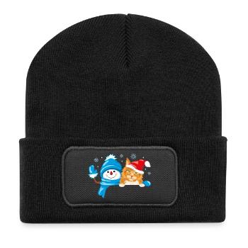 Peeking waving snowman and cute ginger cat - Recycled Patch Beanie - black - Front