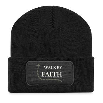 Walk by Faith | 2. Korinther 5,7 - Recycelte Patch Beanie - Schwarz - Vorne