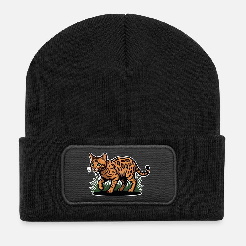 Vintage Waldplündernde gefleckte Bengalkatze - Recycelte Patch Beanie - Schwarz