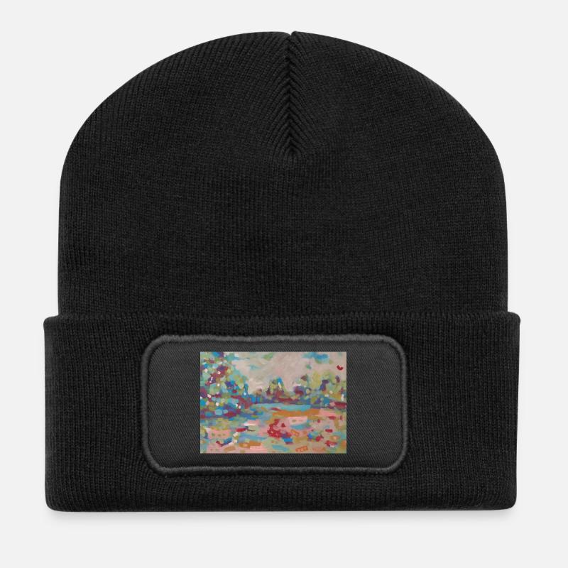 Abstrakte Landschaft aus farbenfrohen Flecken - Recycelte Patch Beanie - Schwarz