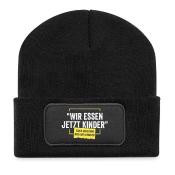 Wir essen jetzt Kinder – Satzzeichen retten Leben  - Recycelte Patch Beanie - Schwarz - Vorne