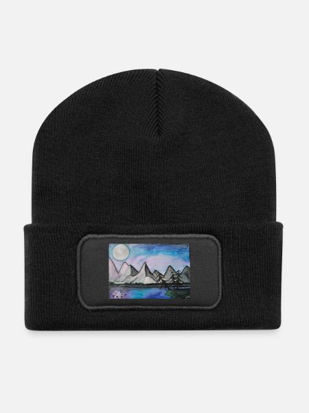 Moonlit night at the quiet lake - Recycled Patch Beanie - black