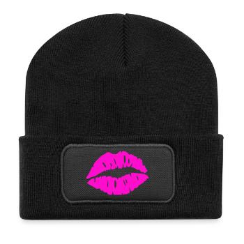 Lippenkuss Neonrosa - Recycelte Patch Beanie - Schwarz - Vorne