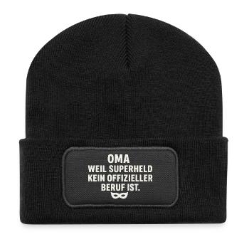 Oma: Weil Superheld kein offizieller Beruf ist - Recycelte Patch Beanie - Schwarz - Vorne