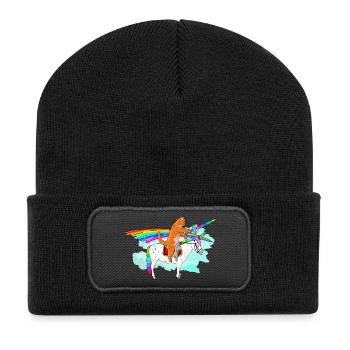 Katzenritter auf Rainbow Unicorn - Recycelte Patch Beanie - Schwarz - Vorne