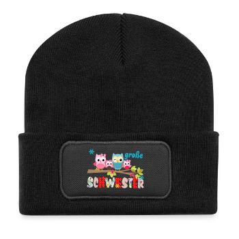 große Schwester Vogelfamilie - Recycelte Patch Beanie - Schwarz - Vorne