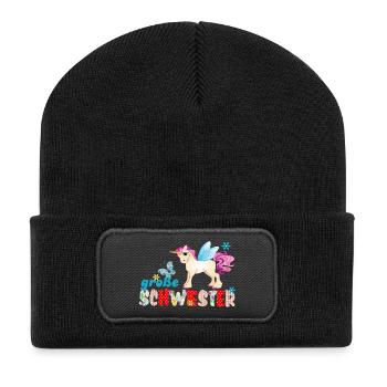 große Schwester Einhorn - Recycelte Patch Beanie - Schwarz - Vorne