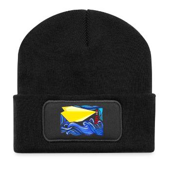 Meer im Sturm mit Leuchtturm - Recycelte Patch Beanie - Schwarz - Vorne