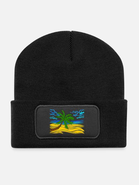 Palme am Strand - Recycelte Patch Beanie - Schwarz