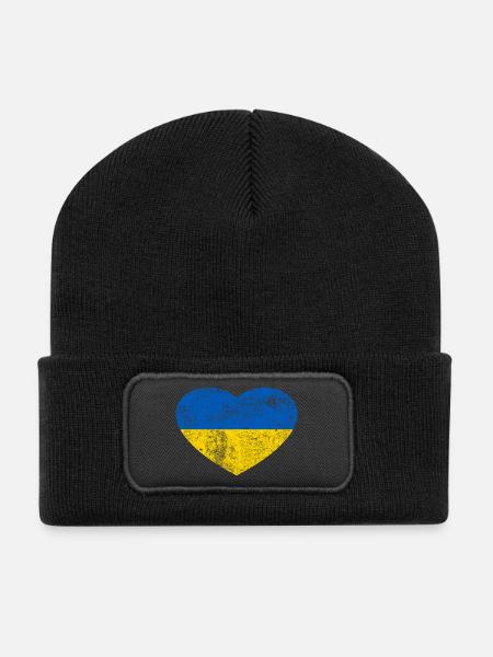 Ukraine Flagge Fahne Grunge Retro Herz - Recycelte Patch Beanie - Schwarz