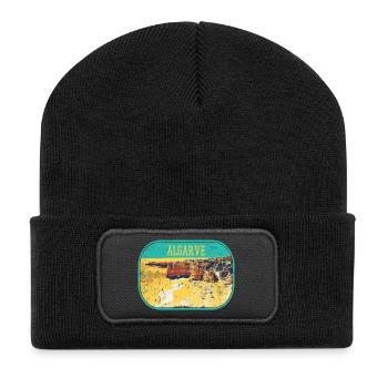 Retro-Abzeichen, Algarve Portugal, Strand Sommersonne - Recycelte Patch Beanie - Schwarz - Vorne