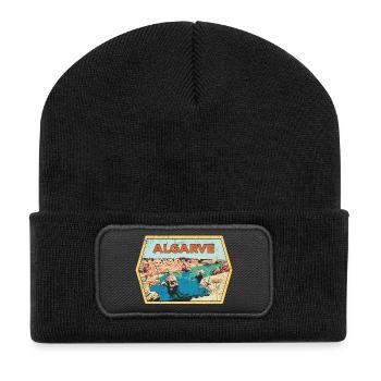 Retro-Abzeichen, Algarve Portugal, Strand Sommersonne - Recycelte Patch Beanie - Schwarz - Vorne