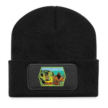 Retro-Abzeichen, Algarve Portugal, Strand Sommersonne - Recycelte Patch Beanie - Schwarz - Vorne