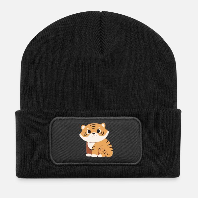 Kuscheltiger Cartoon Streifenmuster - Recycelte Patch Beanie - Schwarz