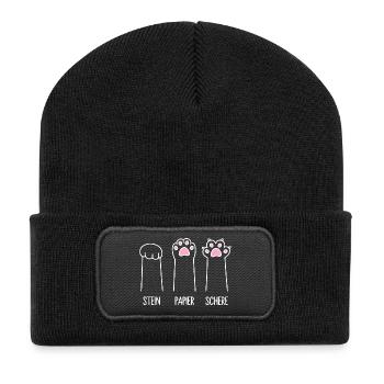 Katze Pfote Katzenpfoten Spiel Stein Papier Schere - Recycelte Patch Beanie - Schwarz - Vorne
